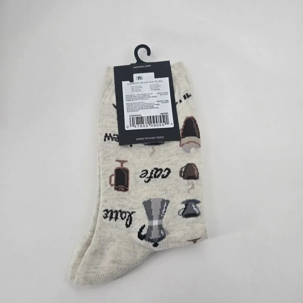 New HotSox Women Coffee‎ Crew Socks Size 4-10.5 Espresso Cafe French Press